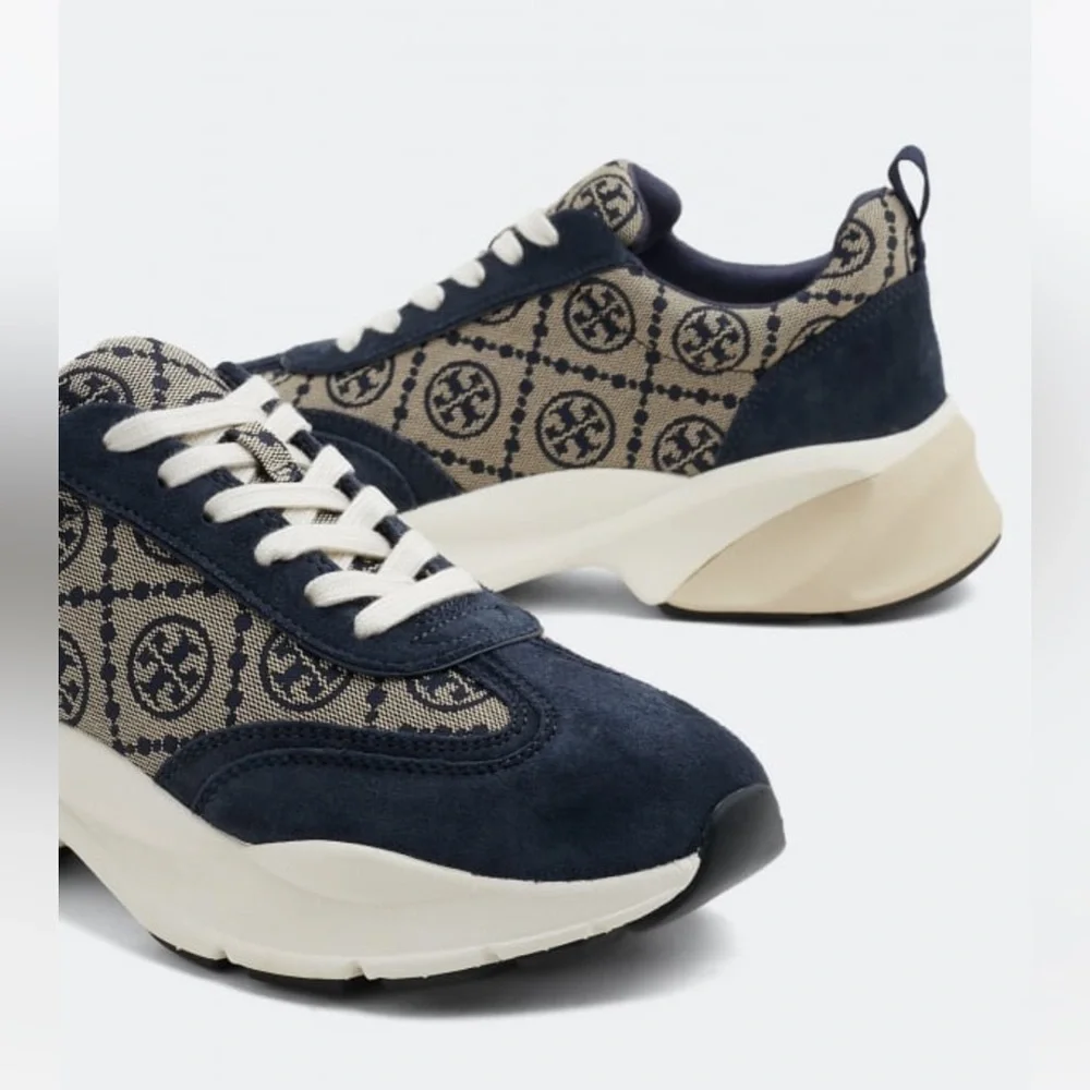 🔥🔥Authentic Tory Burch T Monogram Good Luck Sneakers M Navy Blue Monogram Size11